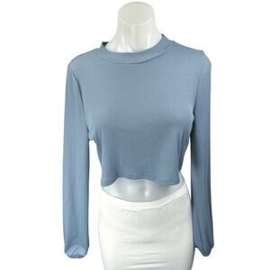 Superdown Women Blue Ribbed Knit Long Sleeve Mock Neck Sweater Crop Top Size S